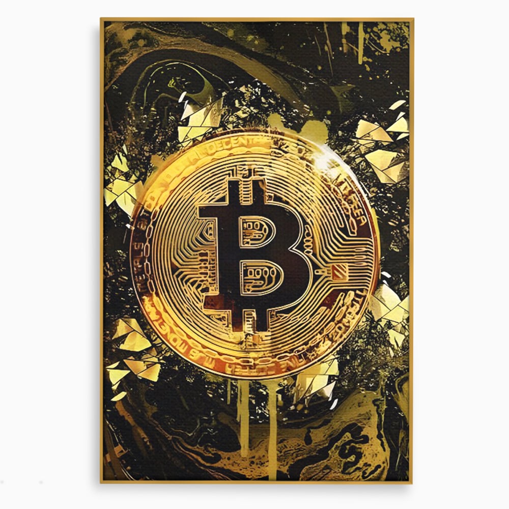 Tablou canvas cu tablou digital cu moneda bitcoin aurie, in rama de aluminiu auriu
