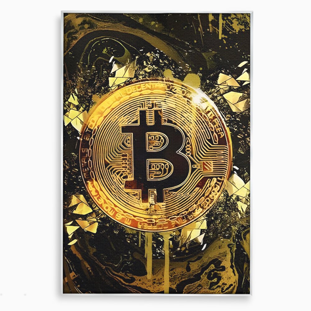 Tablou canvas cu tablou digital cu moneda bitcoin aurie, in rama de aluminiu argintiu