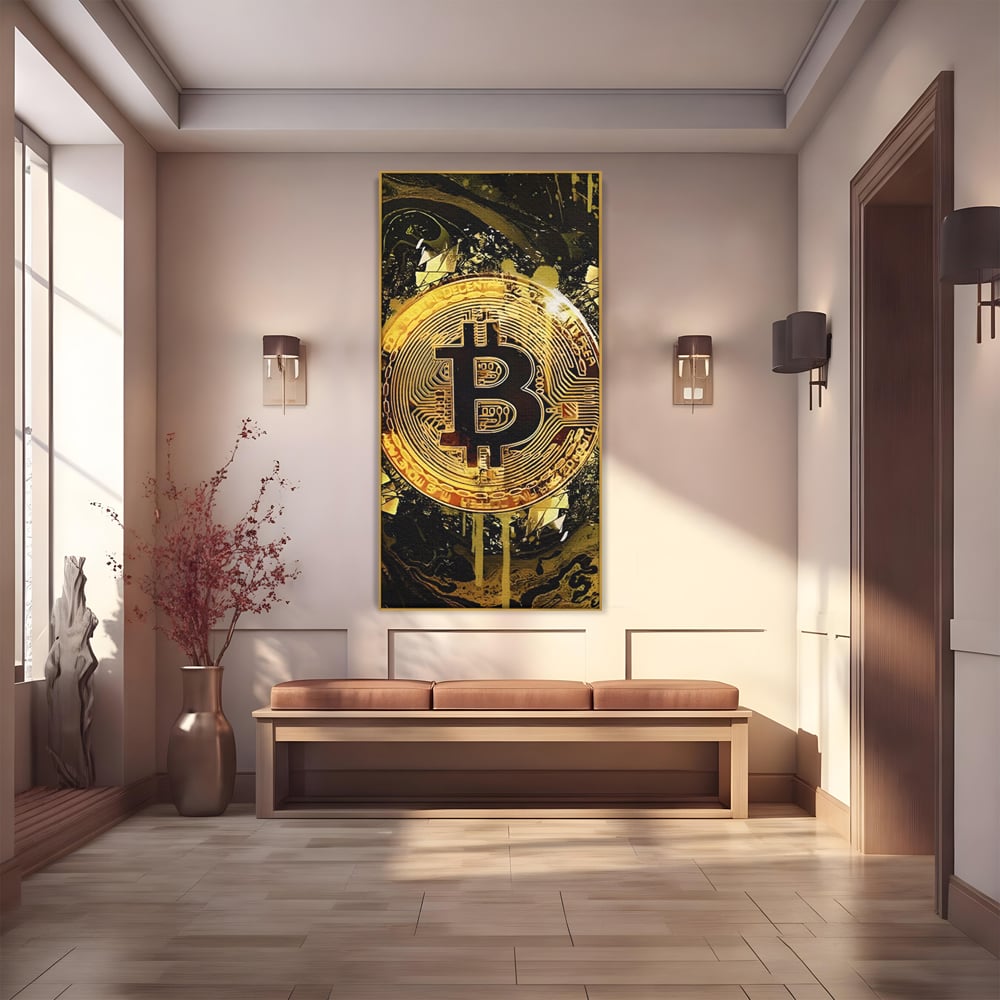 Tablou canvas cu tablou digital cu moneda bitcoin aurie, in rama de aluminiu auriu
