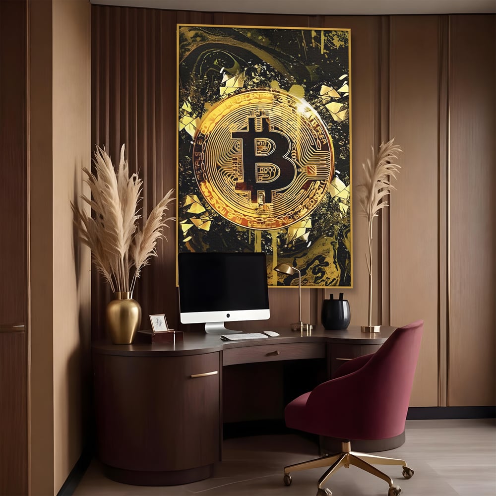 Tablou canvas cu tablou digital cu moneda bitcoin aurie, in rama de aluminiu auriu, pe perete intr-un birou