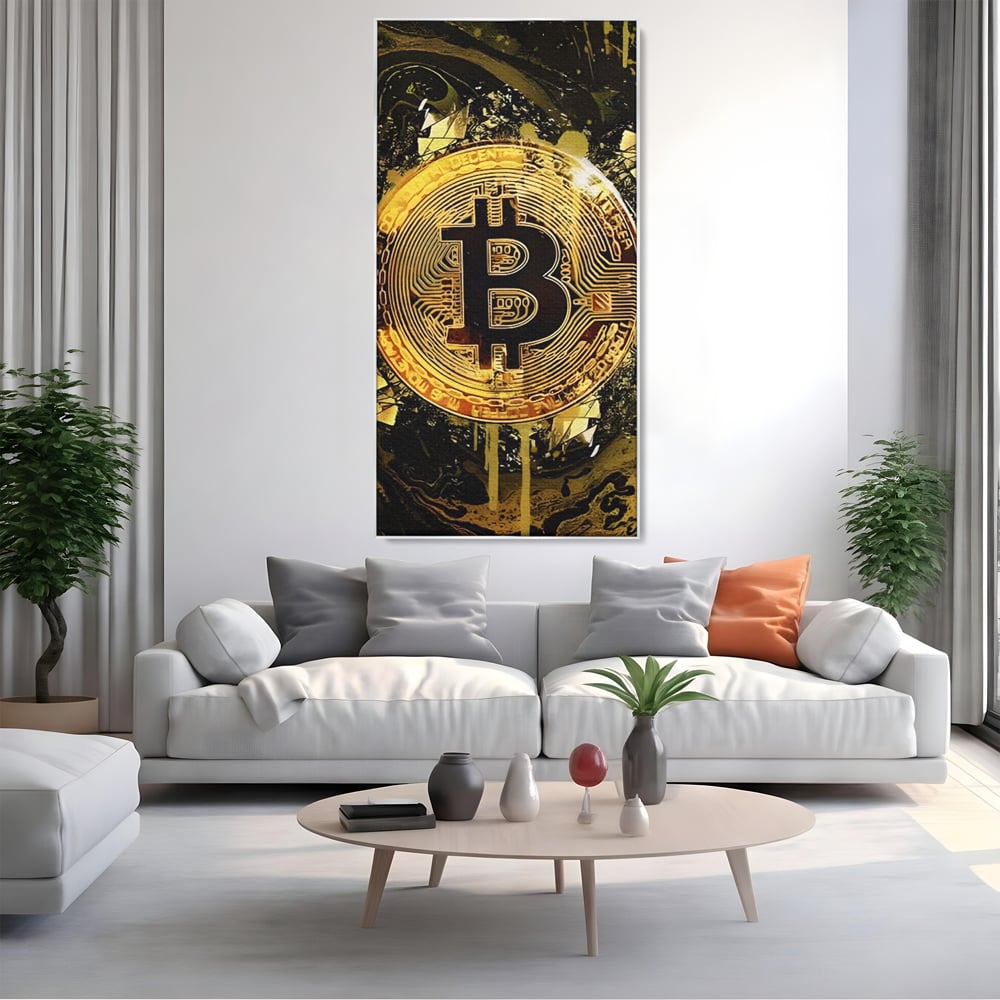 Tablou canvas cu tablou digital cu moneda bitcoin aurie, in rama de aluminiu argintiu, pe perete intr-un living