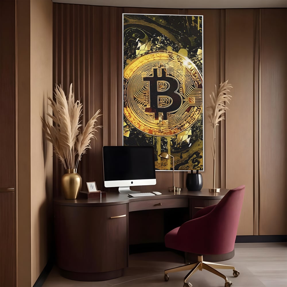 Tablou canvas cu tablou digital cu moneda bitcoin aurie, in rama de aluminiu argintiu, pe perete intr-un birou