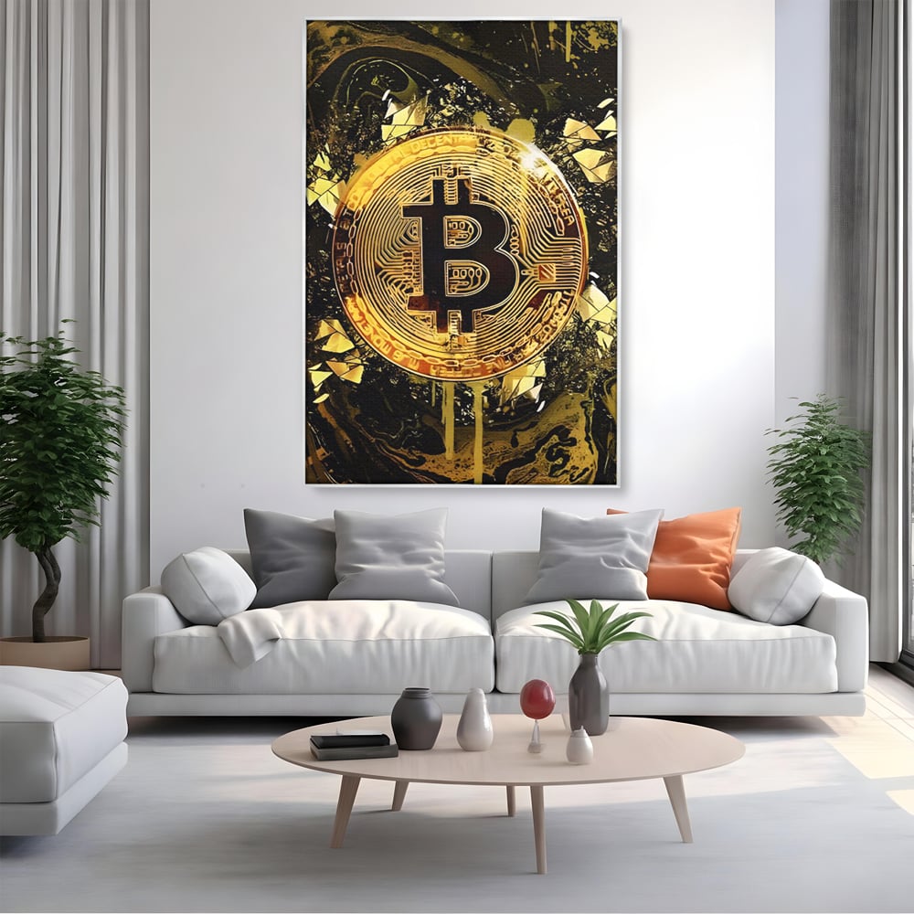 Tablou canvas cu tablou digital cu moneda bitcoin aurie, in rama de aluminiu argintiu, pe perete intr-un living
