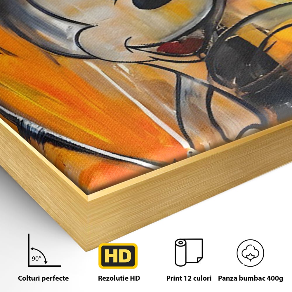 Detaliu al suprafetei: tablou canvas cu mickey mouse, in rama de aluminiu auriu