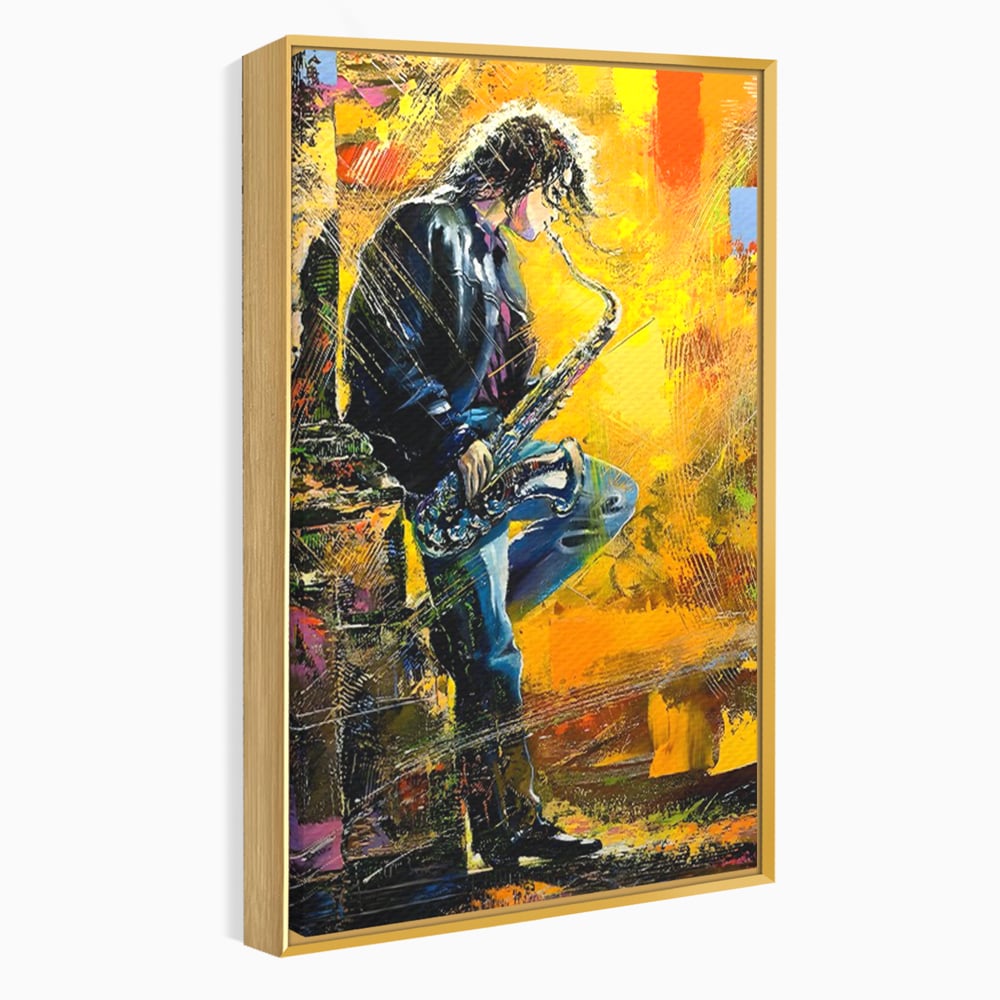 Tablou canvas cu tablou canvas cu muzician cantand la saxofon, in rama de aluminiu auriu