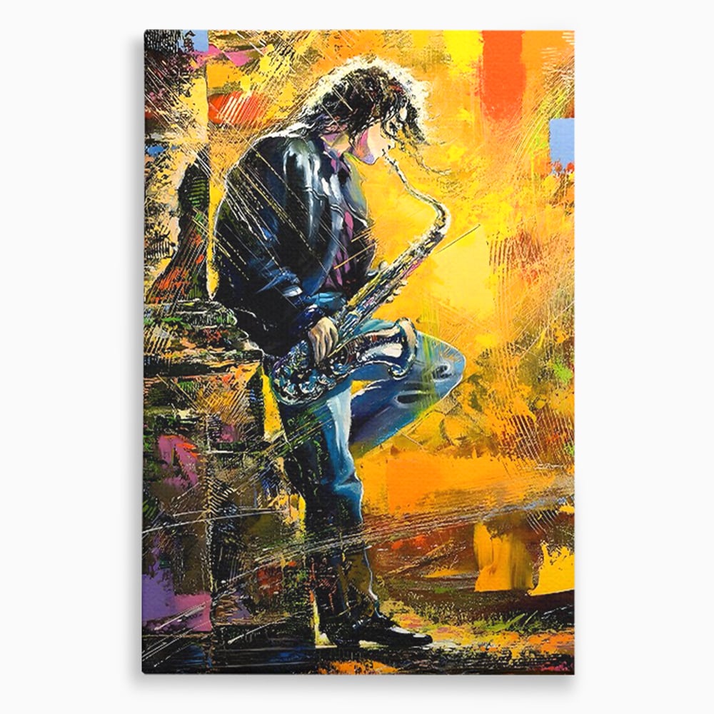 Tablou canvas cu tablou canvas cu muzician cantand la saxofon, fara rama, pe sasiu de lemn