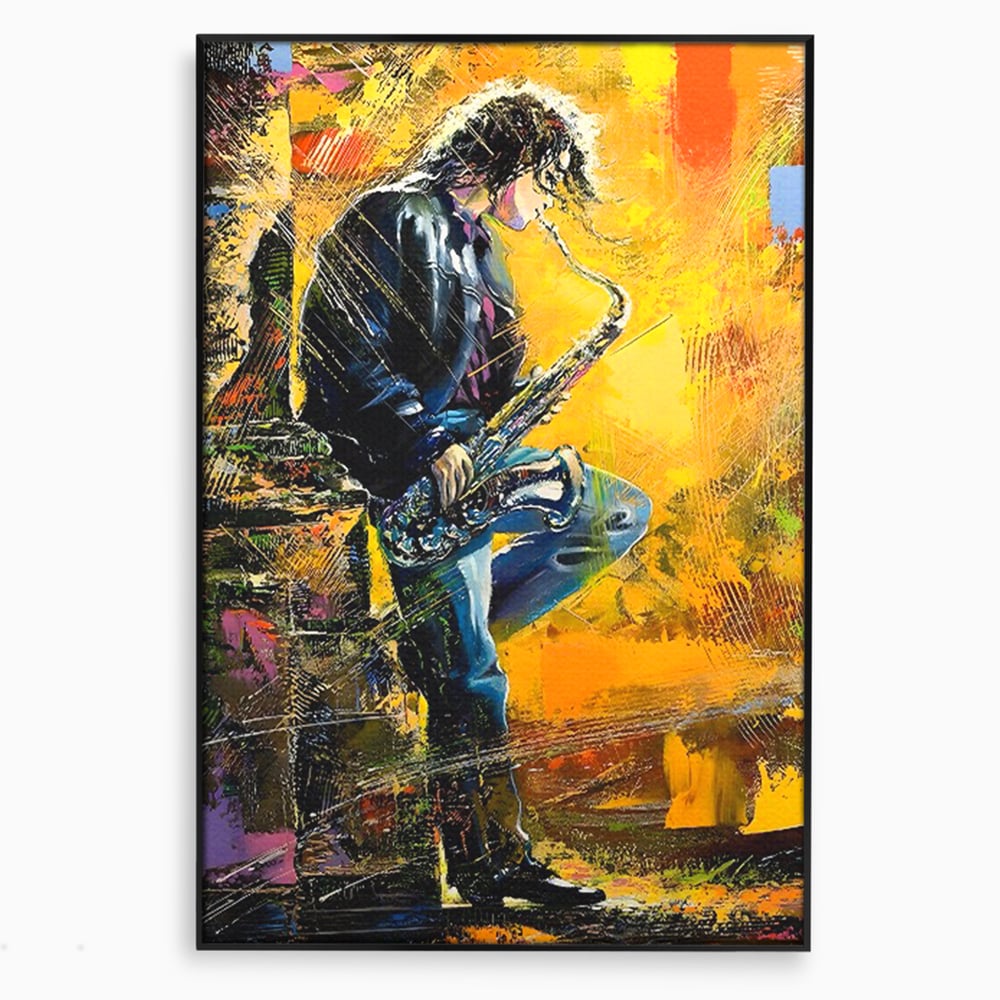 Tablou canvas cu tablou canvas cu muzician cantand la saxofon, in rama de aluminiu negru