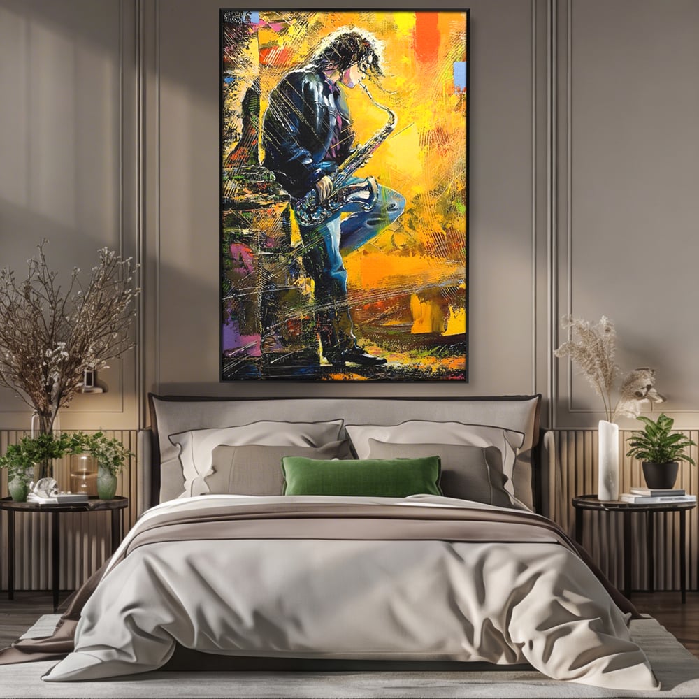 Tablou canvas cu tablou canvas cu muzician cantand la saxofon, in rama de aluminiu negru, pe perete intr-un dormitor