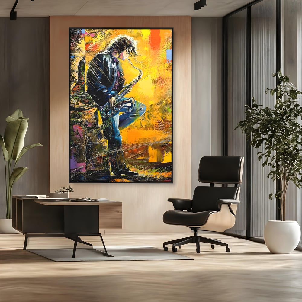 Tablou canvas cu tablou canvas cu muzician cantand la saxofon, in rama de aluminiu negru, pe perete intr-un birou