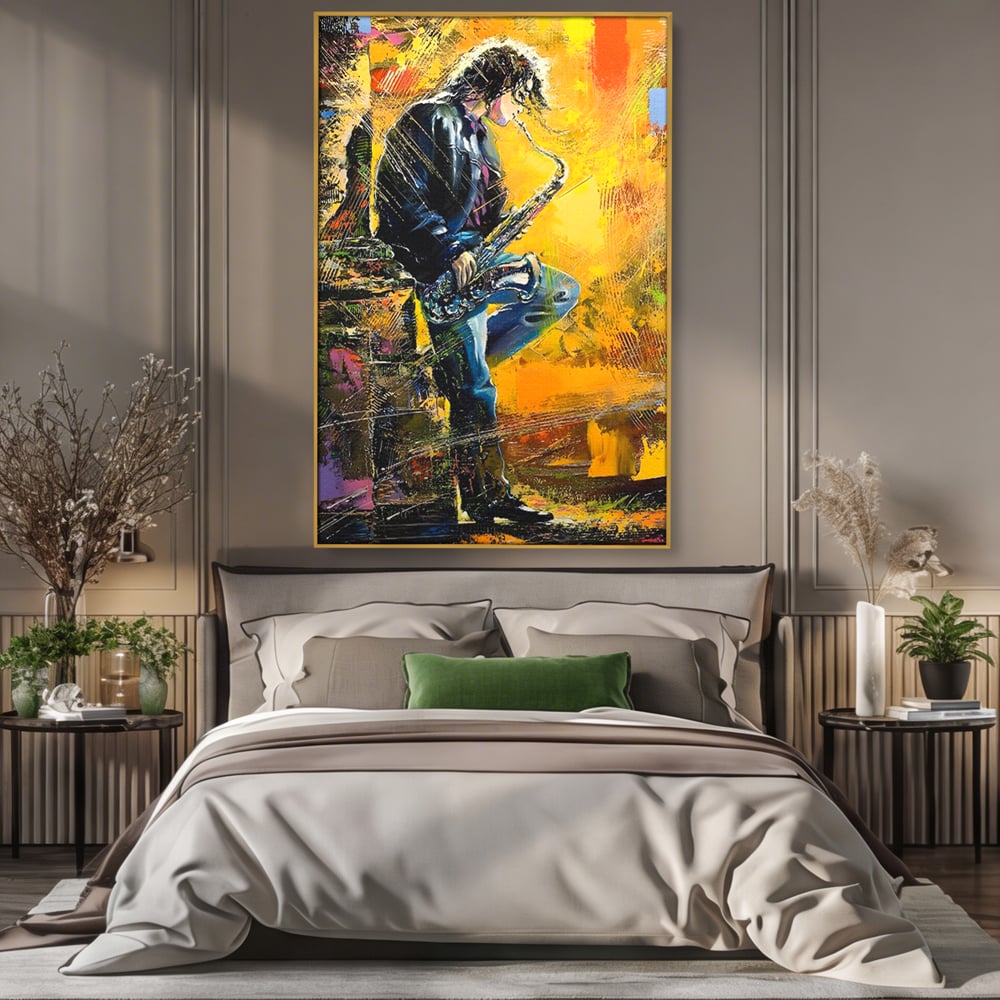 Tablou canvas cu tablou canvas cu muzician cantand la saxofon, in rama de aluminiu auriu, pe perete intr-un dormitor