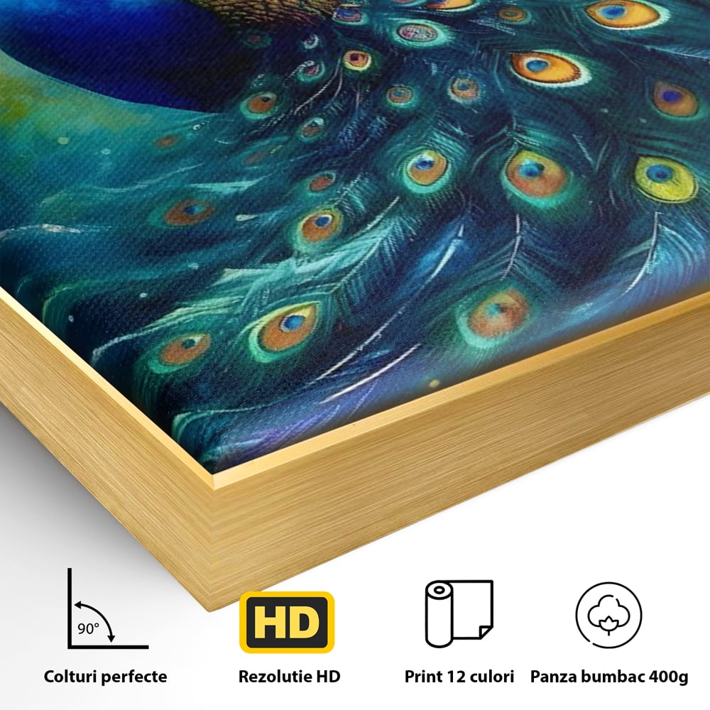 Detaliu al suprafetei: tablou canvas cu paun colorat, in rama de aluminiu auriu