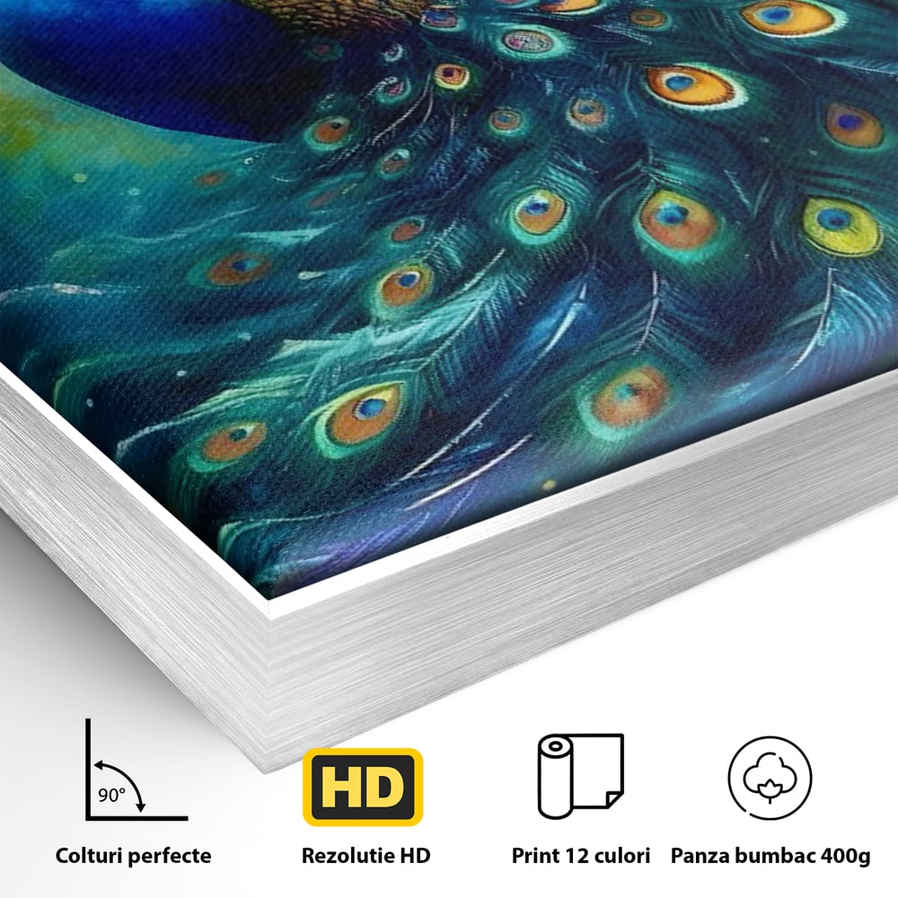 Detaliu al suprafetei: tablou canvas cu paun colorat, in rama de aluminiu argintiu