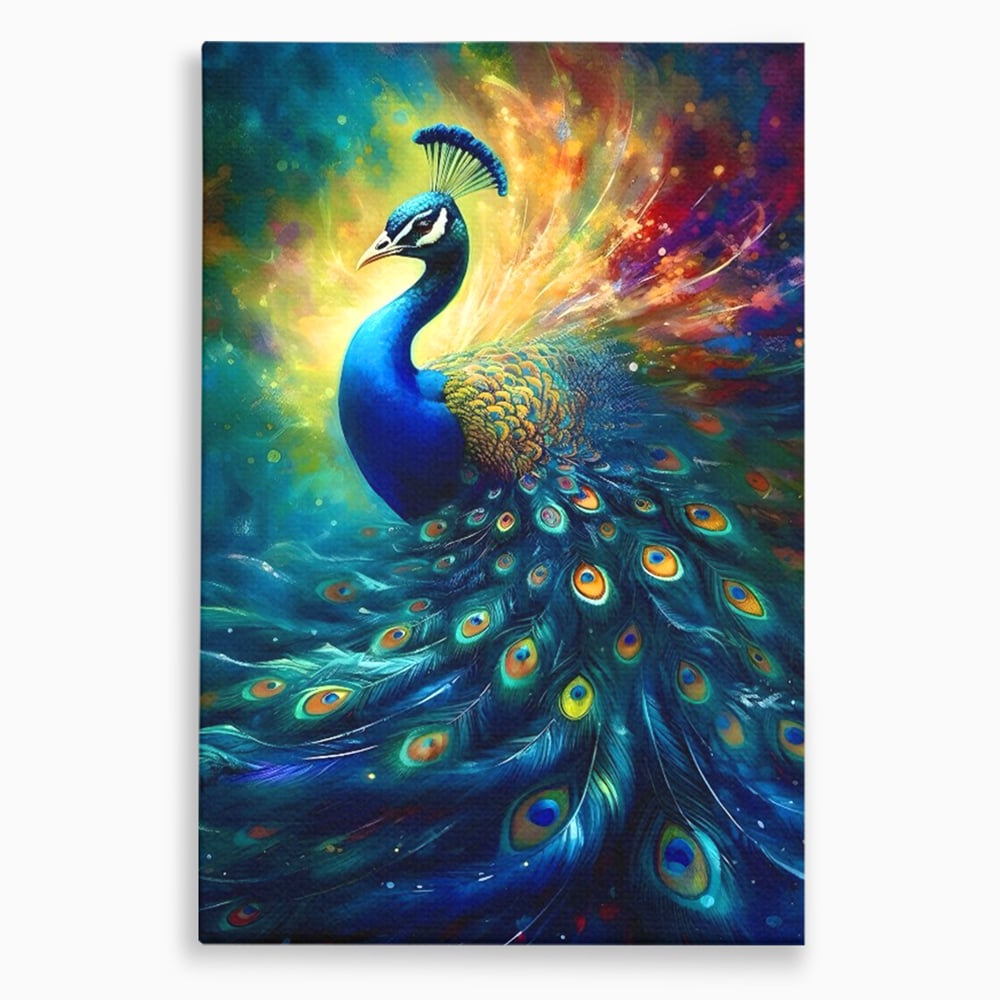 Tablou canvas cu tablou canvas cu paun colorat, fara rama, pe sasiu de lemn