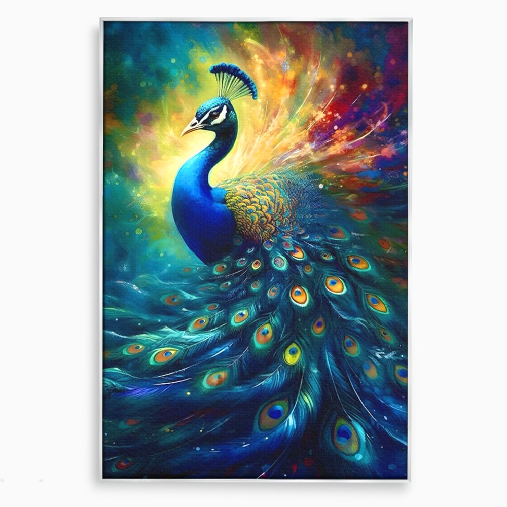 Tablou canvas cu tablou canvas cu paun colorat, in rama de aluminiu argintiu