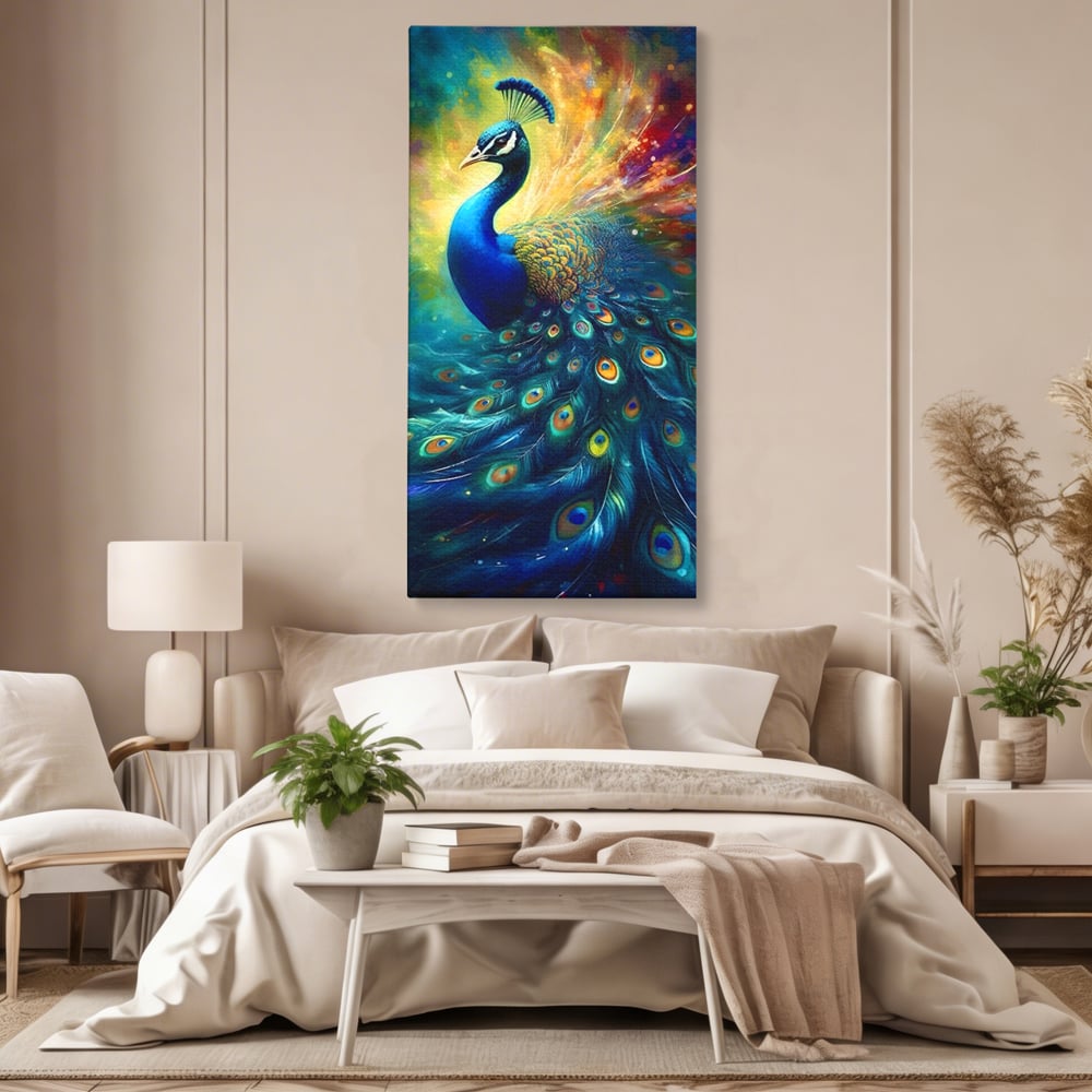 Tablou canvas cu tablou canvas cu paun colorat, fara rama, pe sasiu de lemn, pe perete intr-un dormitor
