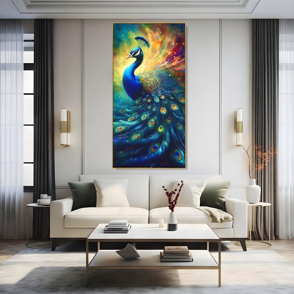 Tablou canvas cu tablou canvas cu paun colorat, in rama de aluminiu auriu, pe perete intr-un living