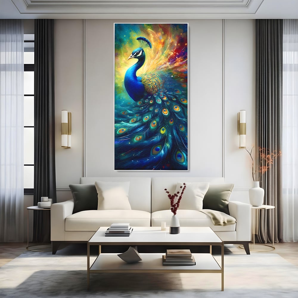 Tablou canvas cu tablou canvas cu paun colorat, in rama de aluminiu argintiu, pe perete intr-un living