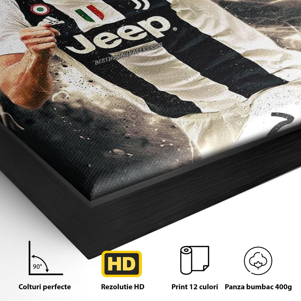 Detaliu al suprafetei: tablou canvas cu cristiano ronaldo, in rama de aluminiu negru