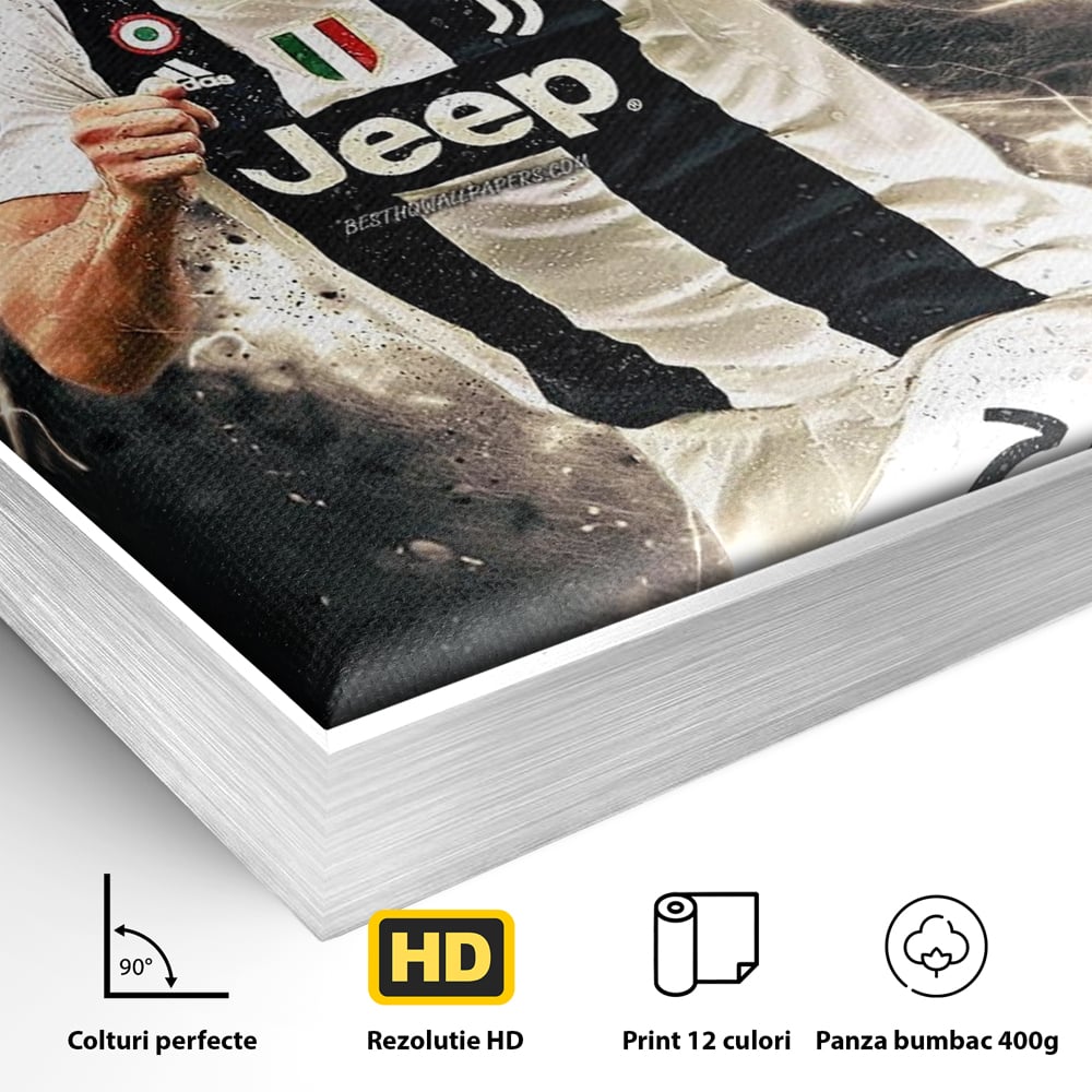 Detaliu al suprafetei: tablou canvas cu cristiano ronaldo, in rama de aluminiu argintiu