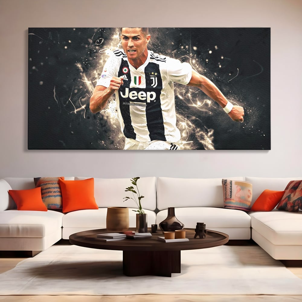 Tablou canvas cu tablou canvas cu cristiano ronaldo, fara rama, pe sasiu de lemn, pe perete intr-un living