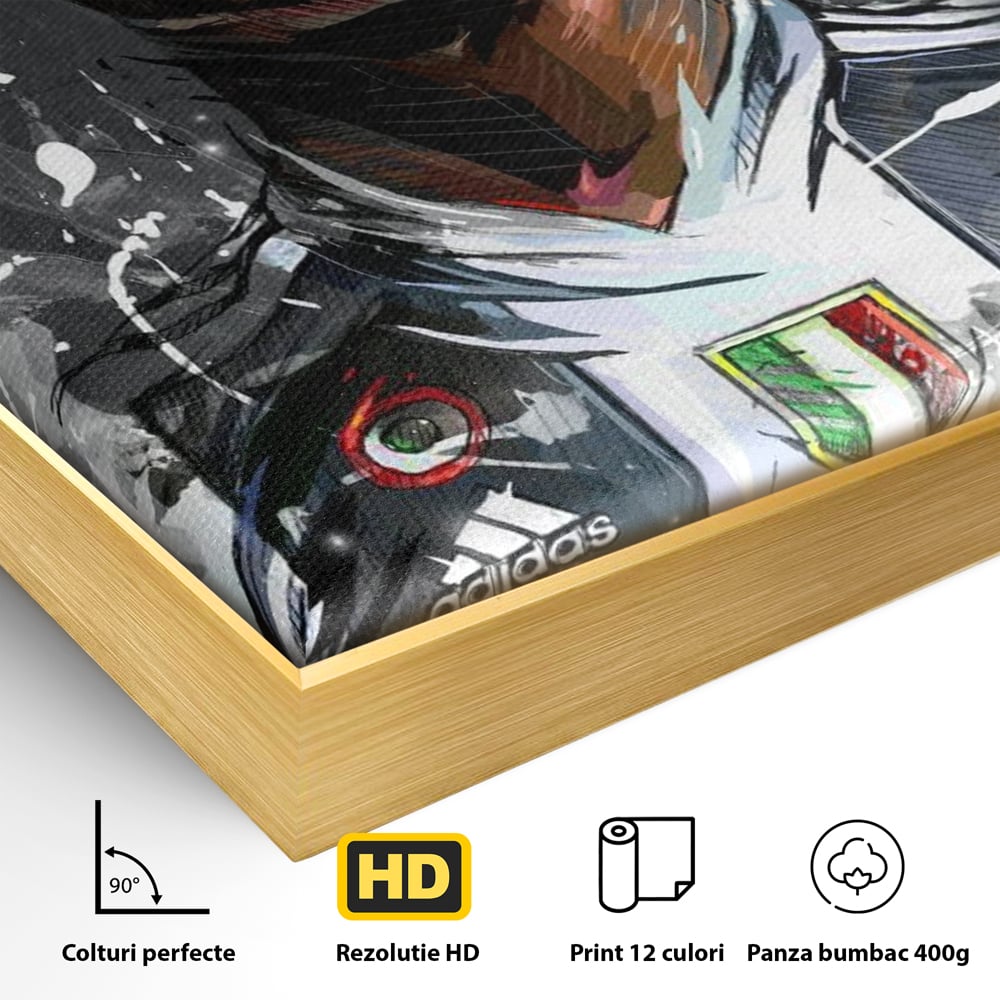 Detaliu al suprafetei: tablou portret cristiano ronaldo juventus, in rama de aluminiu auriu