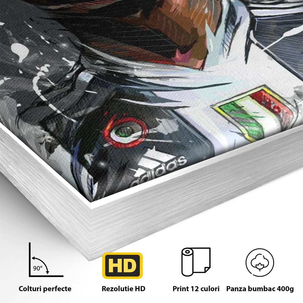 Detaliu al suprafetei: tablou portret cristiano ronaldo juventus, in rama de aluminiu argintiu