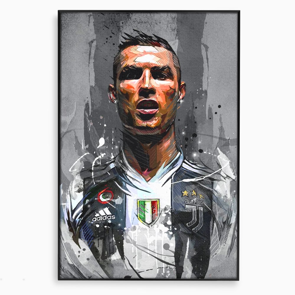 Tablou canvas cu tablou portret cristiano ronaldo juventus, in rama de aluminiu negru