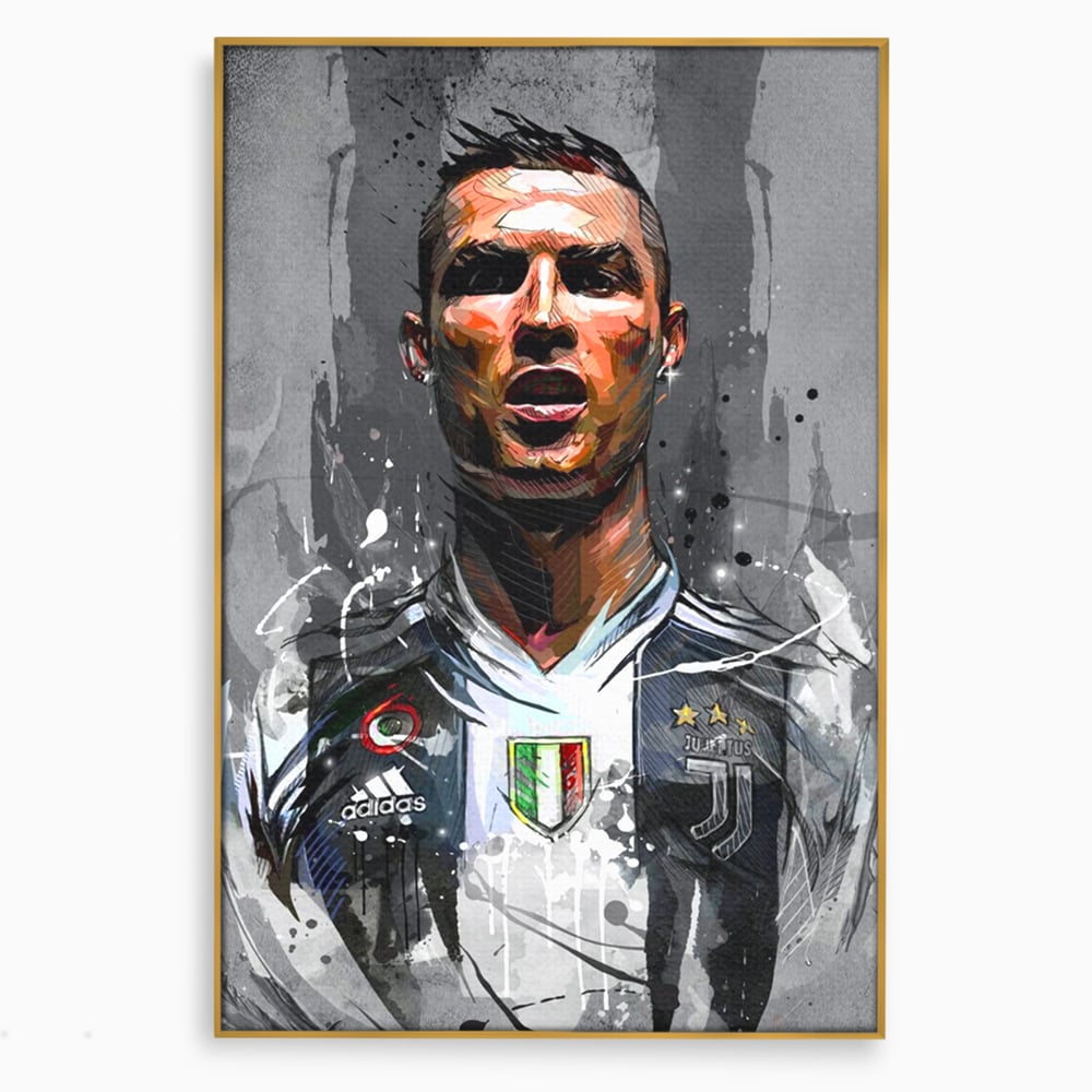 Tablou canvas cu tablou portret cristiano ronaldo juventus, in rama de aluminiu auriu
