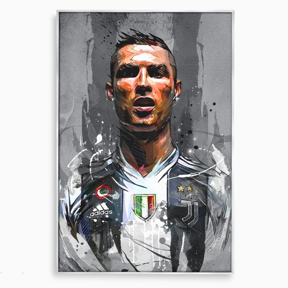 Tablou canvas cu tablou portret cristiano ronaldo juventus, in rama de aluminiu argintiu