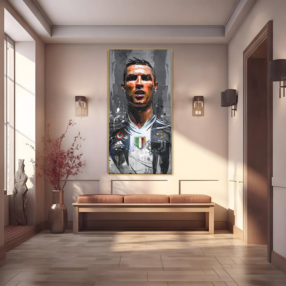 Tablou canvas cu tablou portret cristiano ronaldo juventus, in rama de aluminiu auriu
