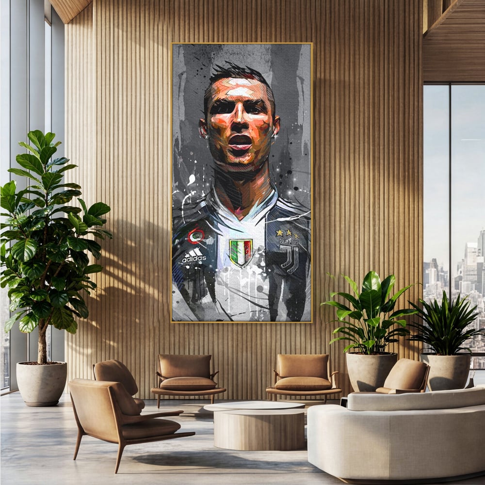Tablou canvas cu tablou portret cristiano ronaldo juventus, in rama de aluminiu auriu, pe perete intr-un birou