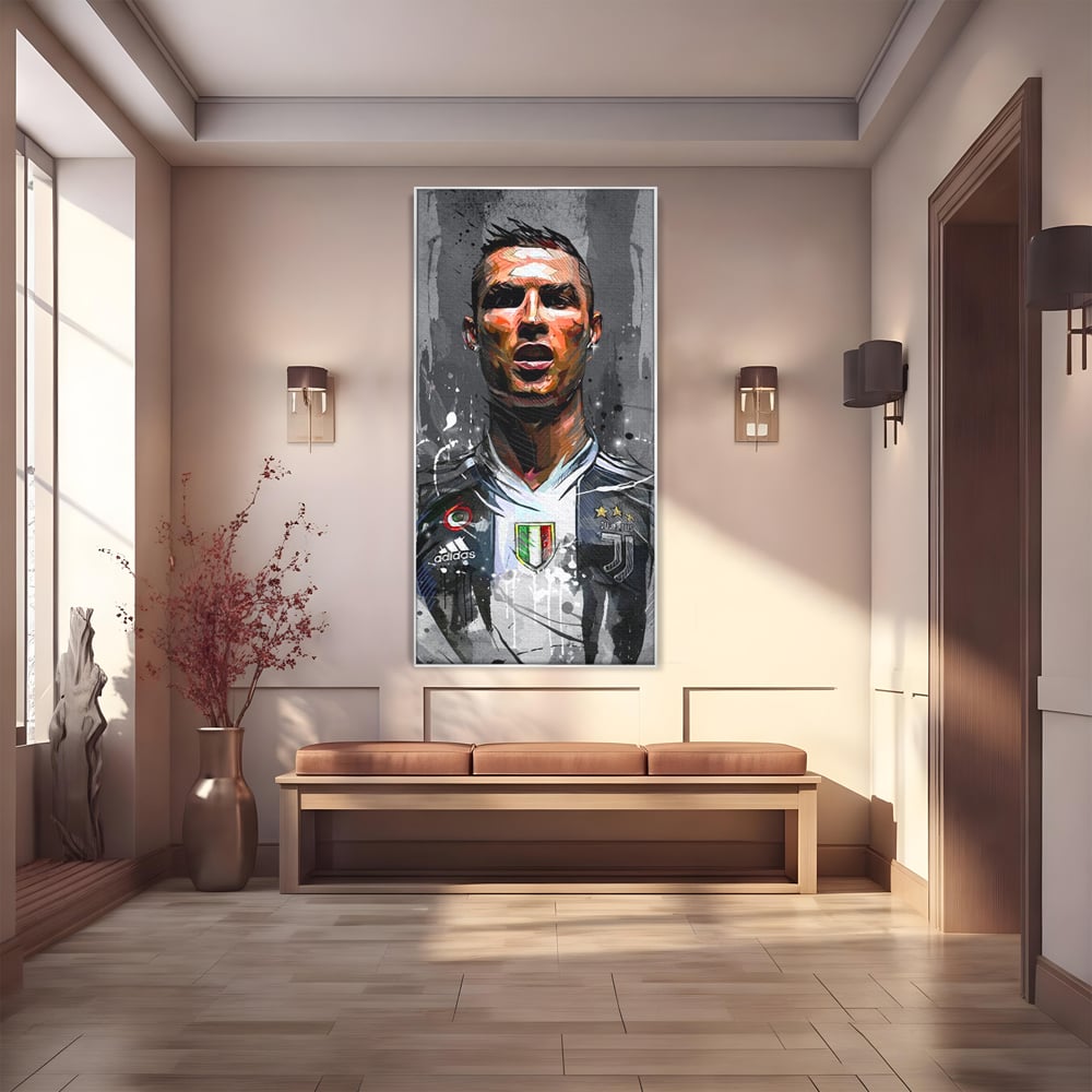 Tablou canvas cu tablou portret cristiano ronaldo juventus, in rama de aluminiu argintiu
