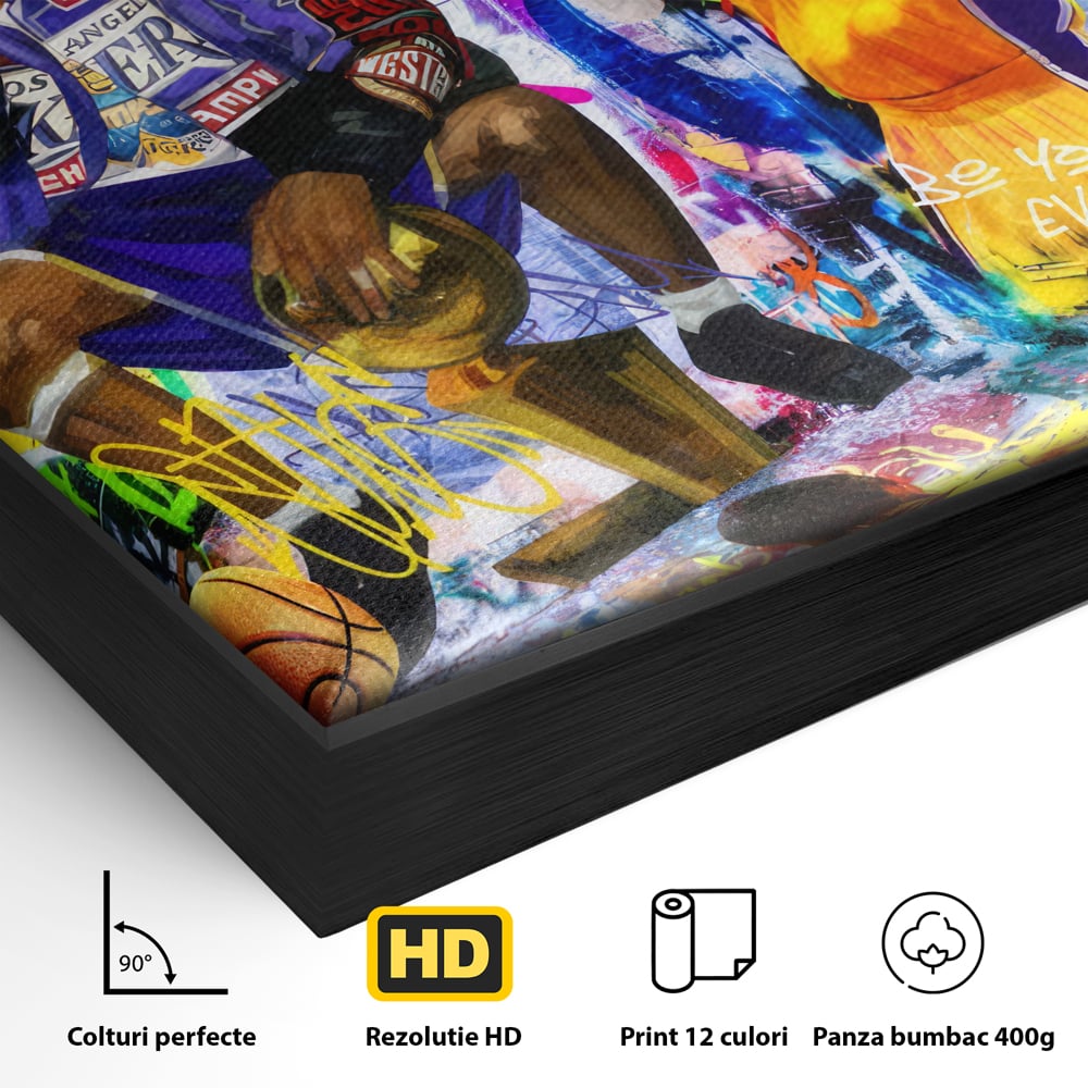 Detaliu al suprafetei: tablou canvas cu kobe bryant si graffiti, in rama de aluminiu negru