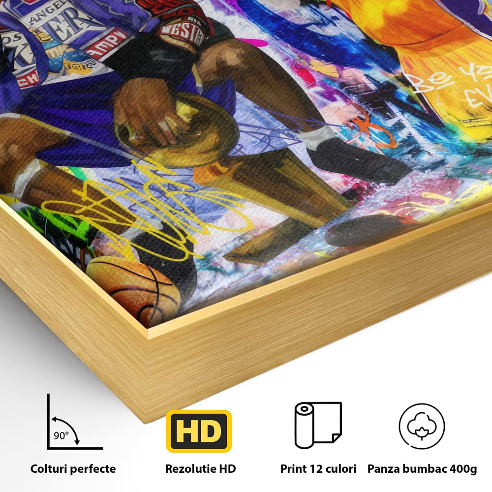 Detaliu al suprafetei: tablou canvas cu kobe bryant si graffiti, in rama de aluminiu auriu