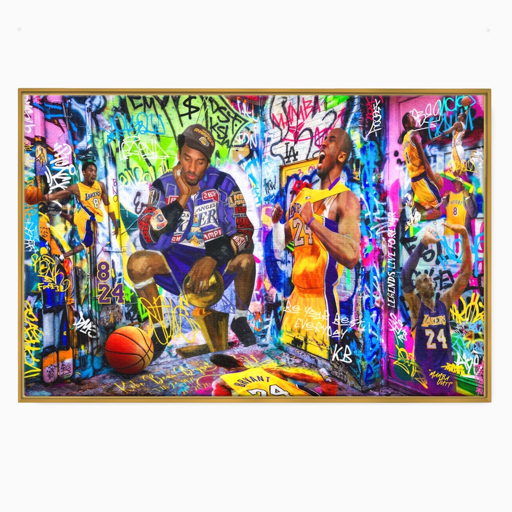 Tablou canvas cu tablou canvas cu kobe bryant si graffiti, in rama de aluminiu auriu