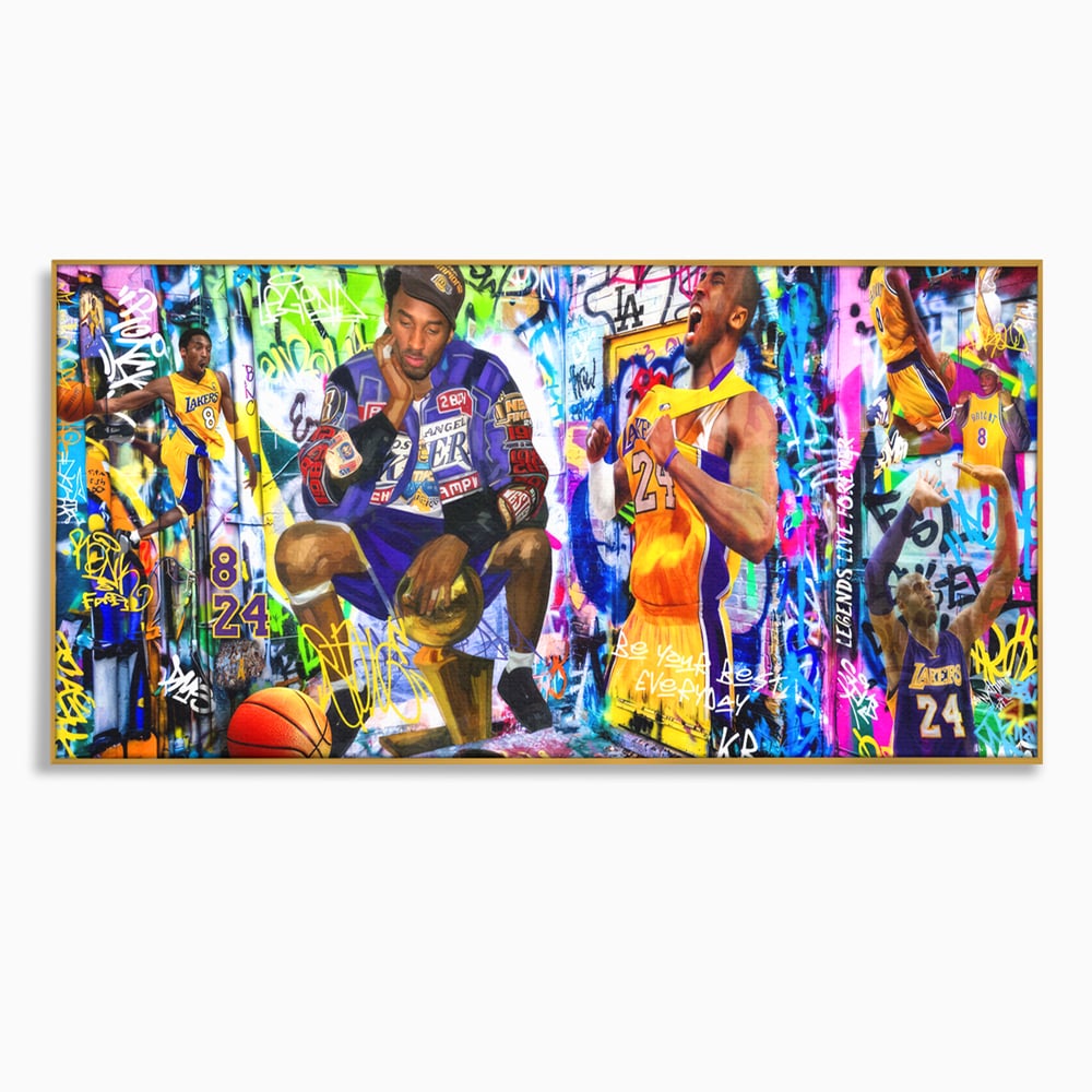 Tablou canvas cu tablou canvas cu kobe bryant si graffiti, in rama de aluminiu auriu