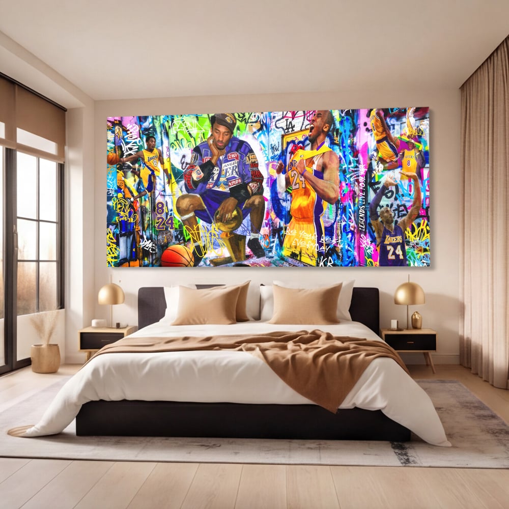 Tablou canvas cu tablou canvas cu kobe bryant si graffiti, fara rama, pe sasiu de lemn, pe perete intr-un dormitor