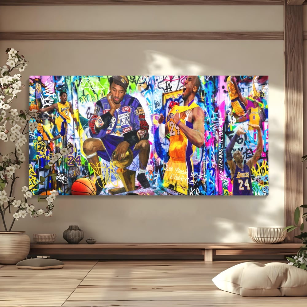 Tablou canvas cu tablou canvas cu kobe bryant si graffiti, fara rama, pe sasiu de lemn