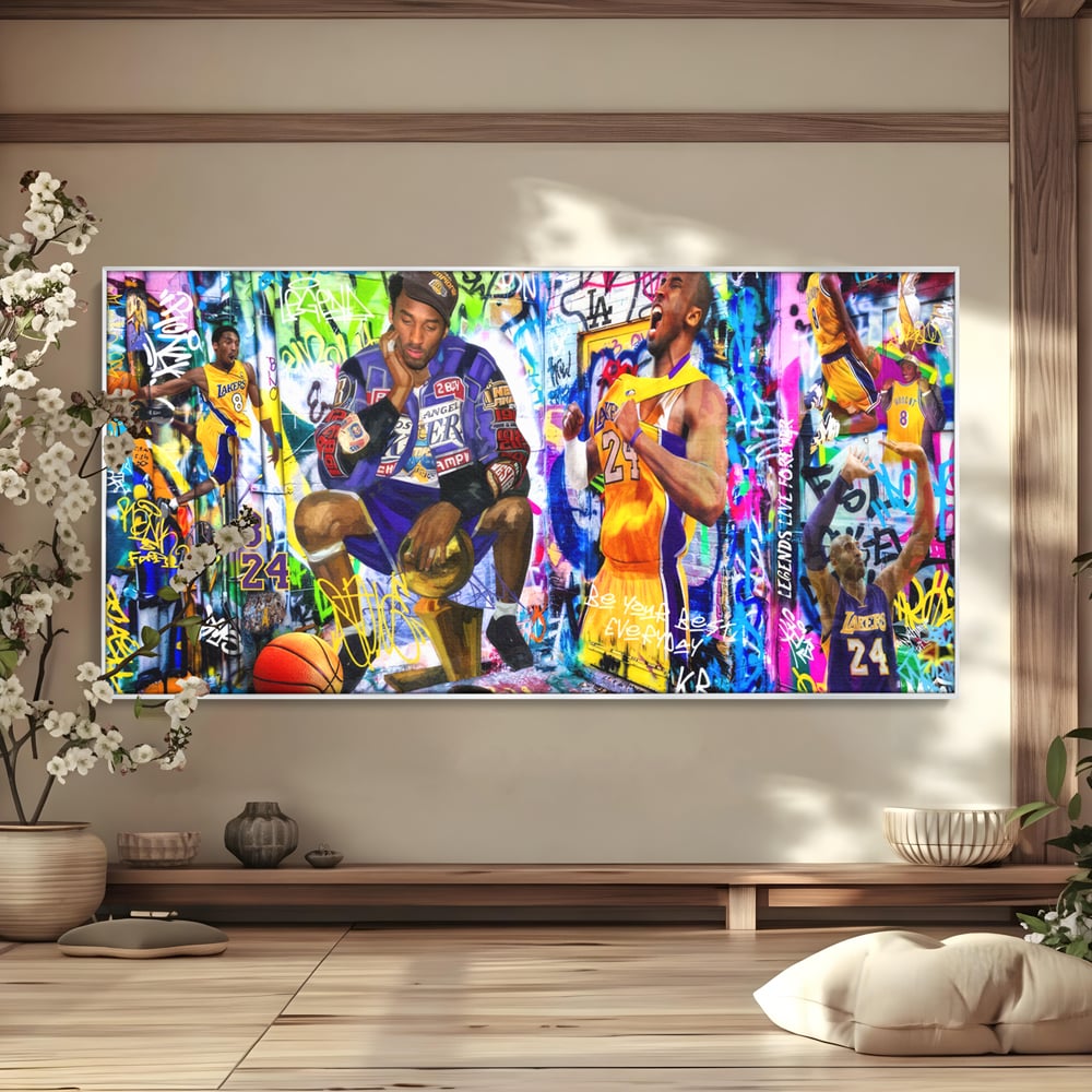 Tablou canvas cu tablou canvas cu kobe bryant si graffiti, in rama de aluminiu argintiu