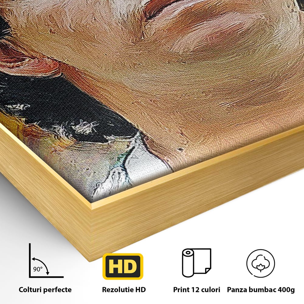 Detaliu al suprafetei: tablou canvas cu diego maradona, in rama de aluminiu auriu
