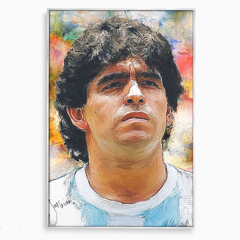 Tablou canvas cu tablou canvas cu diego maradona, in rama de aluminiu argintiu