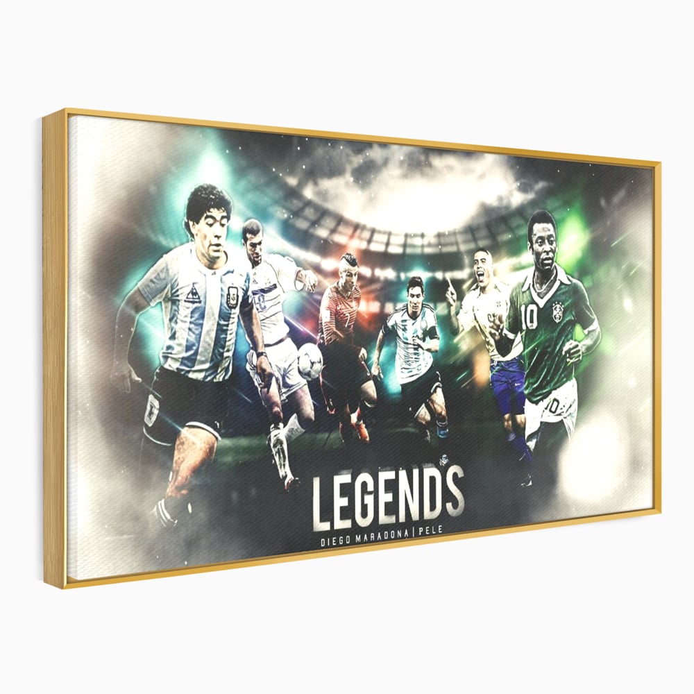 Tablou canvas cu tablou canvas cu legendele fotbalului, in rama de aluminiu auriu