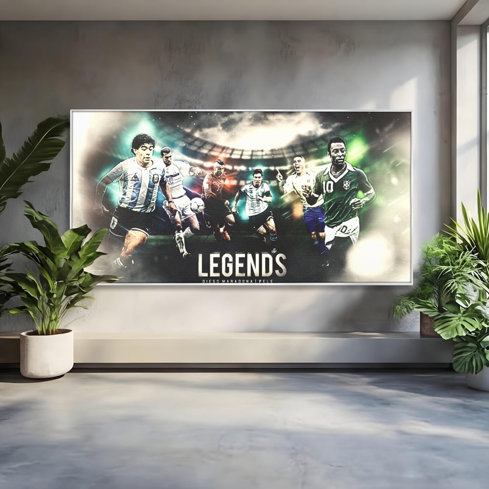 Tablou canvas cu tablou canvas cu legendele fotbalului, in rama de aluminiu argintiu