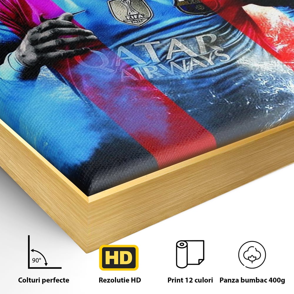 Detaliu al suprafetei: tablou canvas cu fotbalistul neymar, in rama de aluminiu auriu