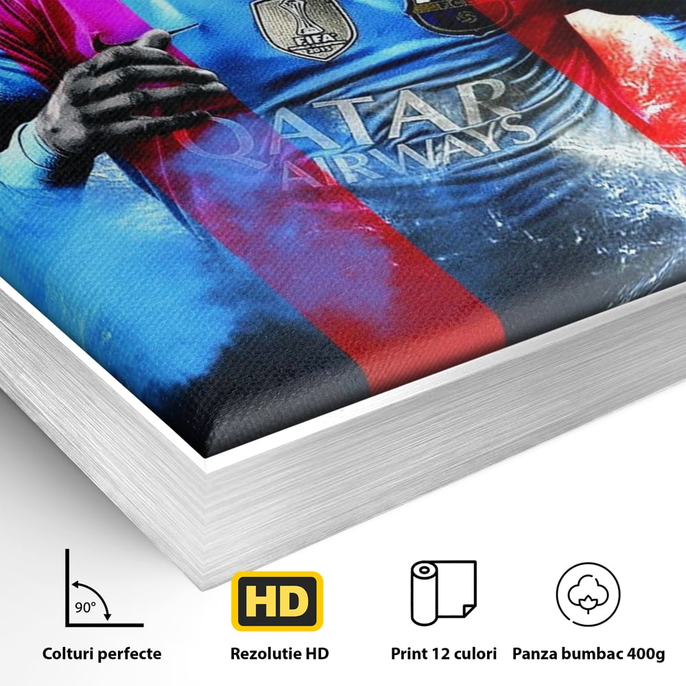 Detaliu al suprafetei: tablou canvas cu fotbalistul neymar, in rama de aluminiu argintiu
