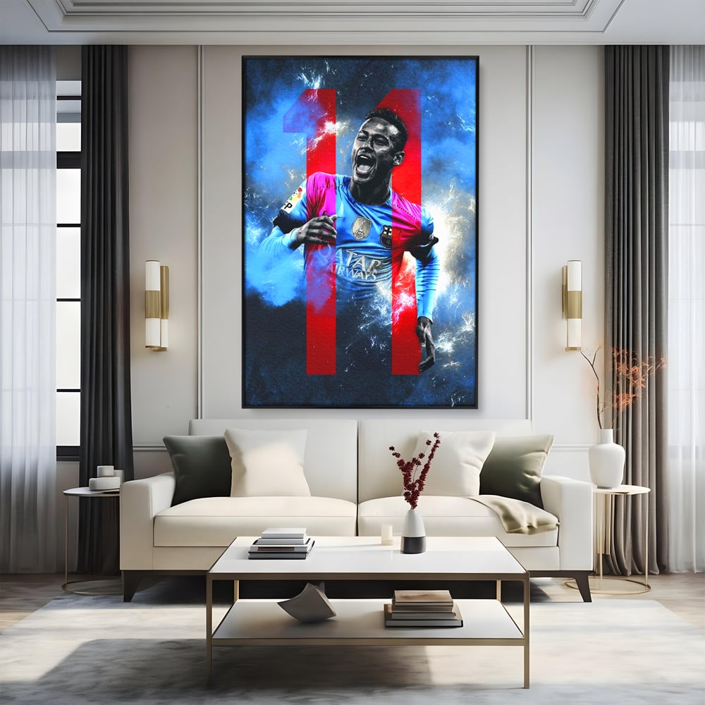 Tablou canvas cu tablou canvas cu fotbalistul neymar, in rama de aluminiu negru, pe perete intr-un living