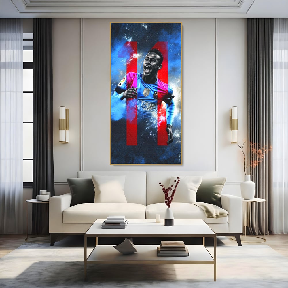 Tablou canvas cu tablou canvas cu fotbalistul neymar, in rama de aluminiu auriu, pe perete intr-un living