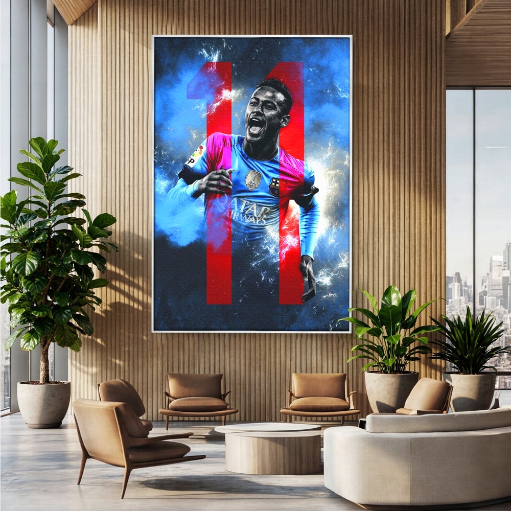 Tablou canvas cu tablou canvas cu fotbalistul neymar, in rama de aluminiu argintiu, pe perete intr-un birou