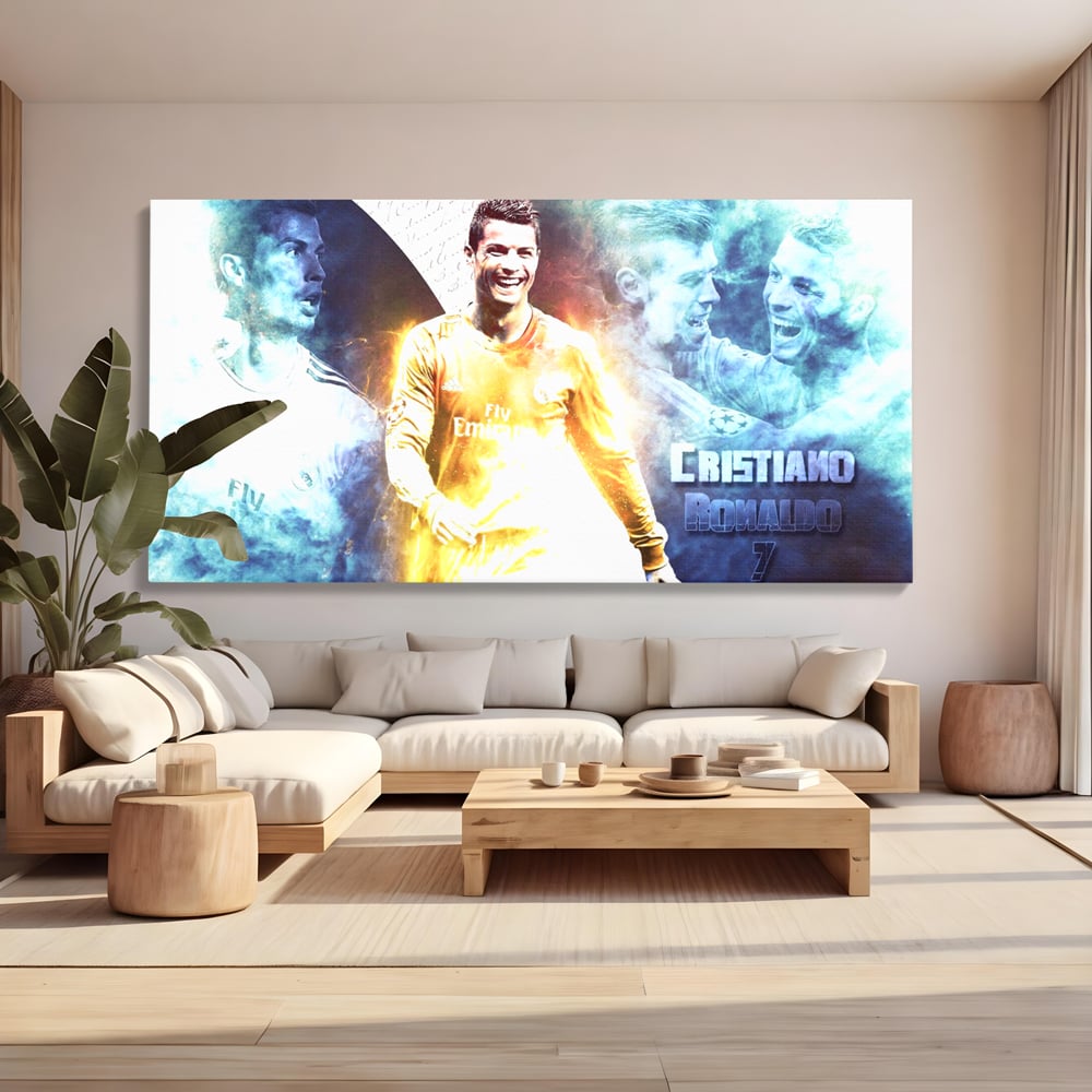 Tablou canvas cu tablou canvas cu cristiano ronaldo, fara rama, pe sasiu de lemn, pe perete intr-un living