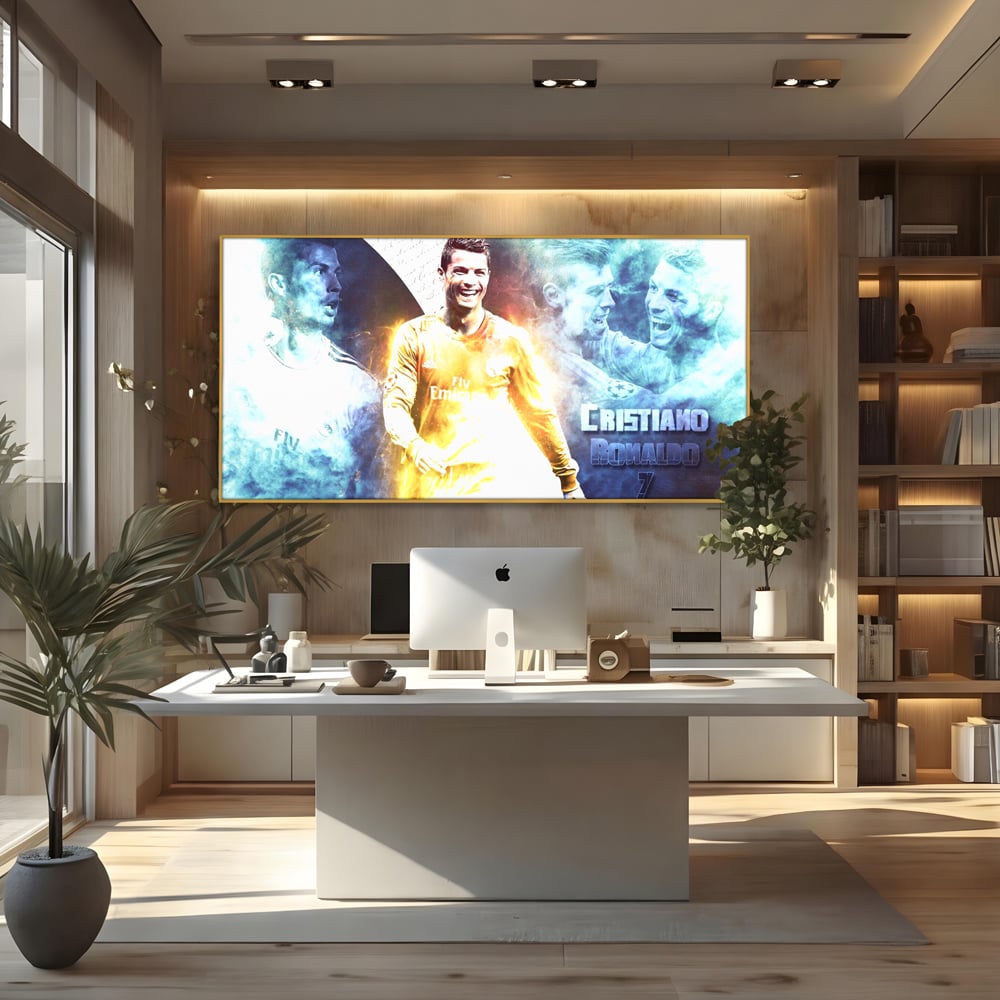 Tablou canvas cu tablou canvas cu cristiano ronaldo, in rama de aluminiu auriu, pe perete intr-un birou